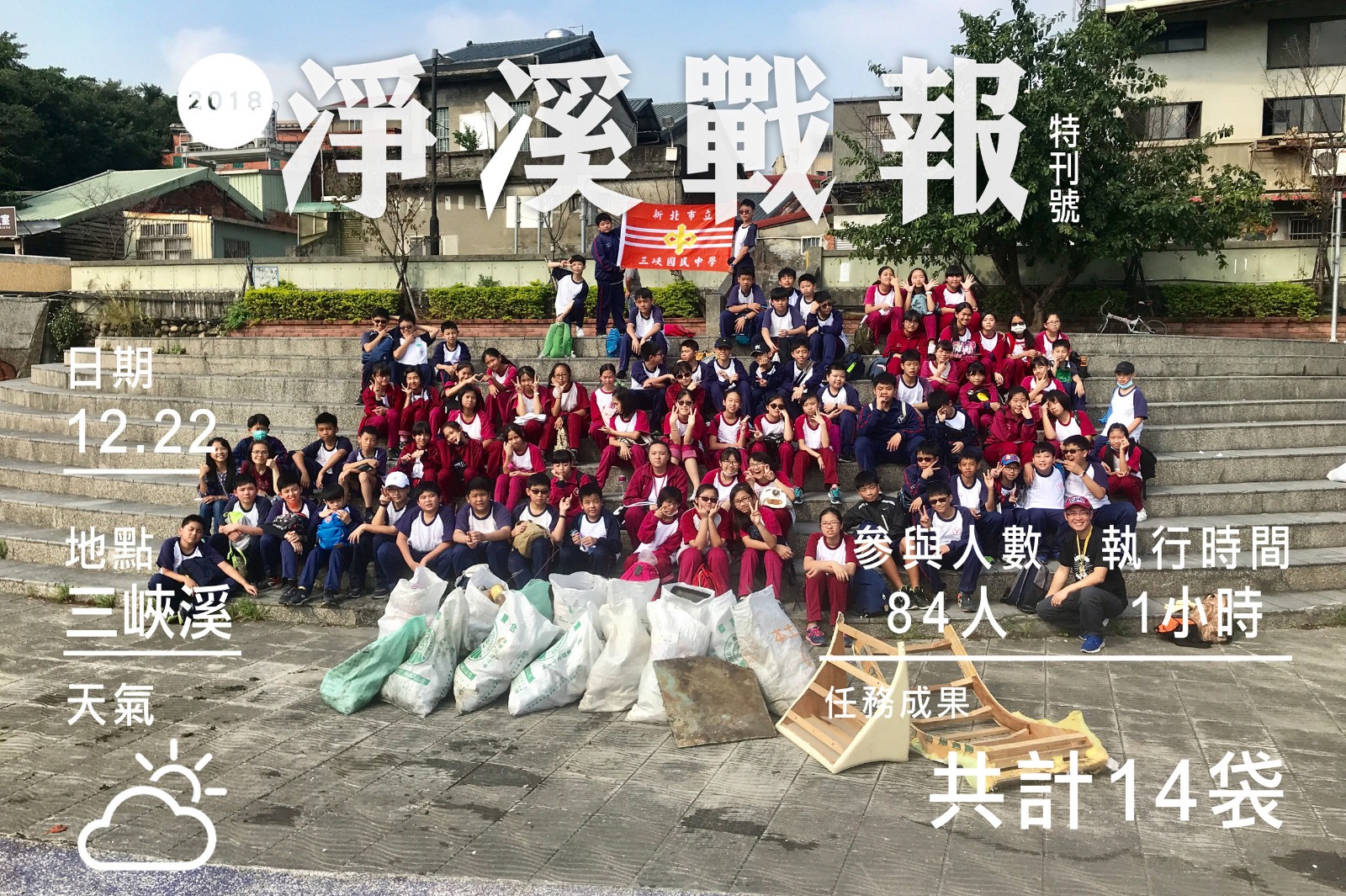 Special Appreciation｜Sanxia Junior High School  Weather: Sunny  Number of people: 84  Hours: 1hrs  Achievements: 14 bags of garbage, a tattered sofa  | Taipei Cultural experience | CAN Culture