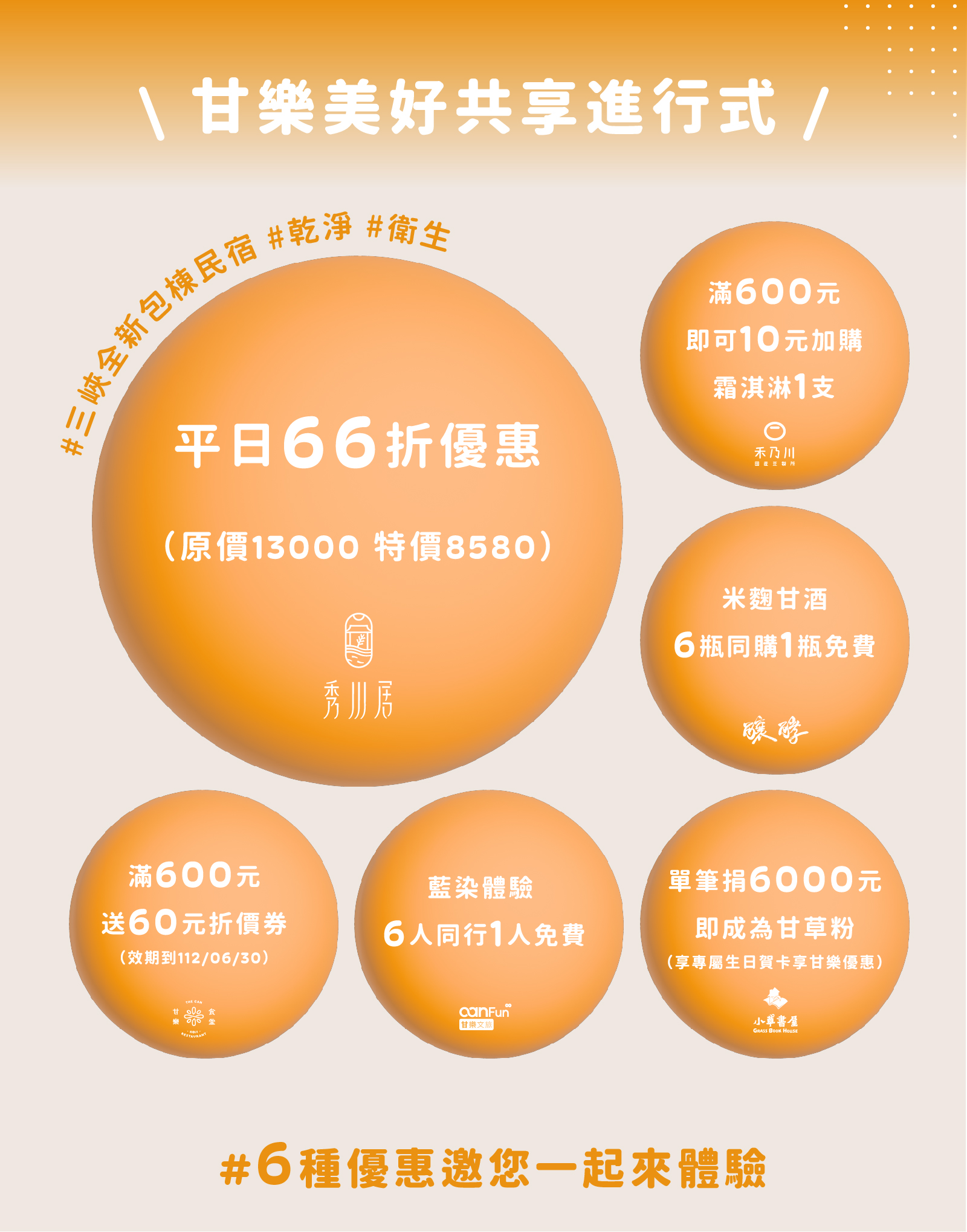 6000全民共享普發現金，6在其中，甘樂文創美好共享進行式，三峽全新包棟民宿-秀川居平日66折，禾乃川國產豆製所加購冰淇淋，甘樂文旅藍染體驗6人同行1人免費，甘樂食堂滿600送折價券。 | 秀川居 | 甘樂文創 | 禾乃川國產豆製所 | 甘樂食堂 | 小草書屋