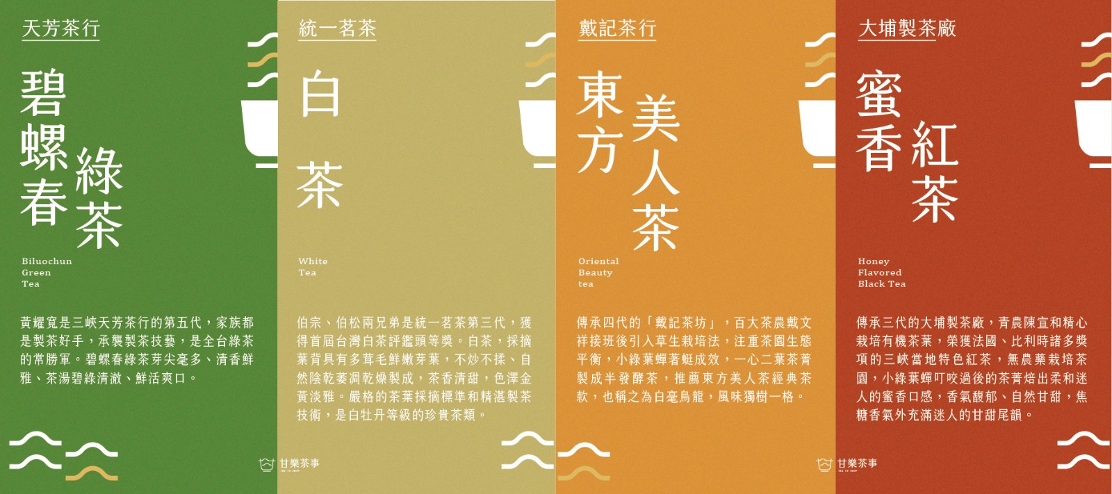 我們用嶄新的現代語彙，以「茶」為圓心，從不同思維角度向外延展、想像、創造，期望匯集這片土地的物產、歷史、文化與生活其中的每一個居民，打造『新北三峽．台灣宇治』的城鄉品牌。深耕新北三峽的甘樂文創，以10餘年來積累的社區設計經驗與資源結合天芳茶行、統一茗茶、戴記茶行及大埔製茶廠在地茶農、製茶職人創立全新品牌《甘樂茶事》。 | 甘樂茶事 | 甘樂文創 | 甘之如飴，樂在其中