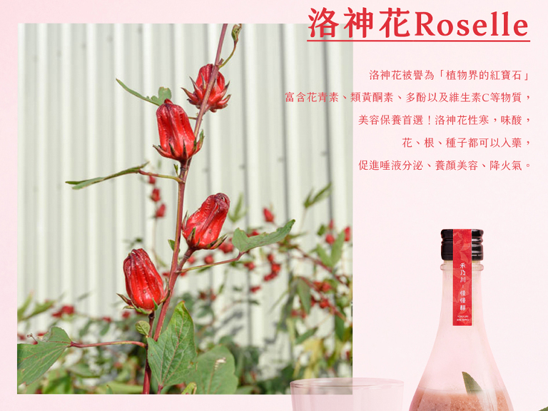 被譽為「植物界紅寶石」的洛神花，與「喝的點滴」米麴甘酒結合，打造天然的美顏養生飲品「洛神甘酒」，如戀愛般的微酸甜滋味令人著迷！媲美滴雞精、素食可飲的健康補給消暑飲品。由內而外，喝出不用化妝的好氣色，燦爛色彩和米麴甘酒的獨特風味完美融合，為您帶來一場美味與健康的盛宴。這一瓶紅寶石級的美顏養生飲品，你還不帶回家嗎？ | 改變生命的豆漿店 | 禾乃川國產豆製所