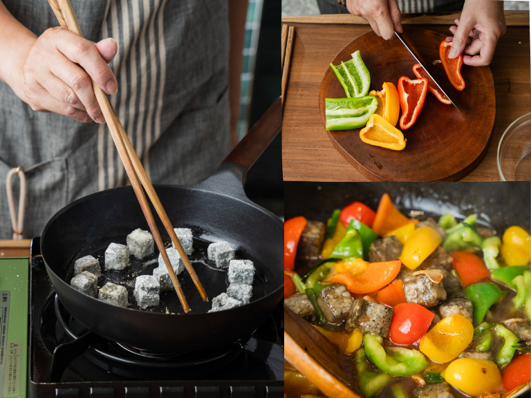 「芝麻豆腐」可以開封即食，非常適合忙碌的現代人。無論是涼拌、煎炒還是燉煮，它都能輕鬆融入各式料理中，鹹甜皆宜，為菜餚增添獨特的芝麻香氣與豆腐的扎實口感，讓你的每一餐都更豐富、美味，賦予菜餚獨特風味。 | 改變生命的豆漿店 | 禾乃川國產豆製所