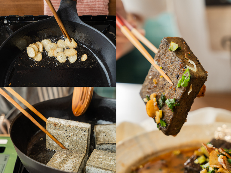 「芝麻豆腐」可以開封即食，非常適合忙碌的現代人。無論是涼拌、煎炒還是燉煮，它都能輕鬆融入各式料理中，鹹甜皆宜，為菜餚增添獨特的芝麻香氣與豆腐的扎實口感，讓你的每一餐都更豐富、美味，賦予菜餚獨特風味。 | 改變生命的豆漿店 | 禾乃川國產豆製所